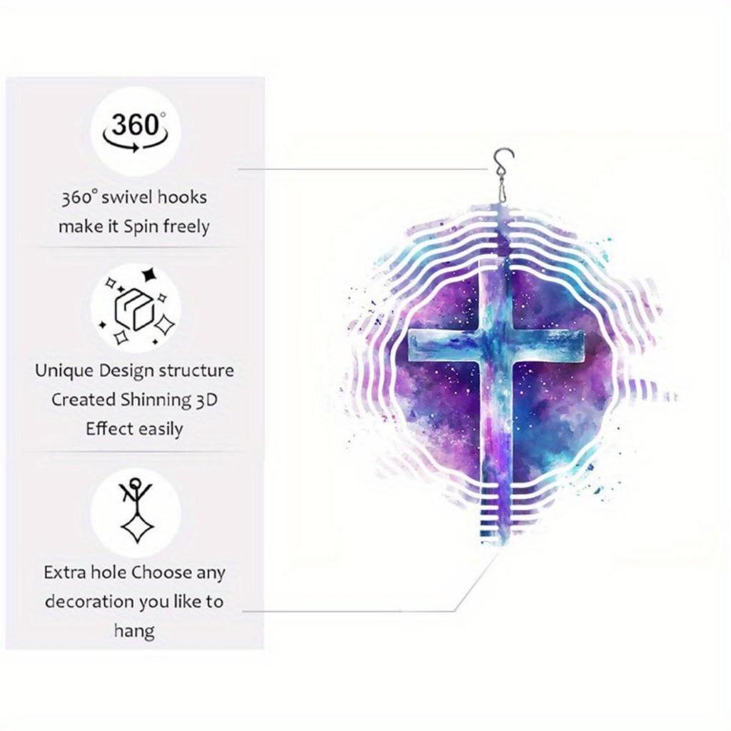 1pc Purple Fantasy Cross Pattern Mandala Wind Chime - Durable Metal, Cosmic Design with Swirling Blue & Purple Hues, Perfect for Garden