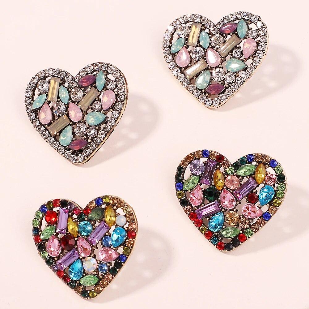 Korean Fashion Heart Metal Hollow Stud Earrings For Women Girl Luxury Bling Color Crystal Party Jewelry Aesthetic Accessories