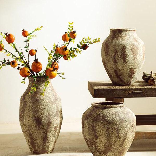 Wabi-Sabi Style Unglazed Terracotta Vase with Floral Design for Retro Living Room or Dining Table Decor