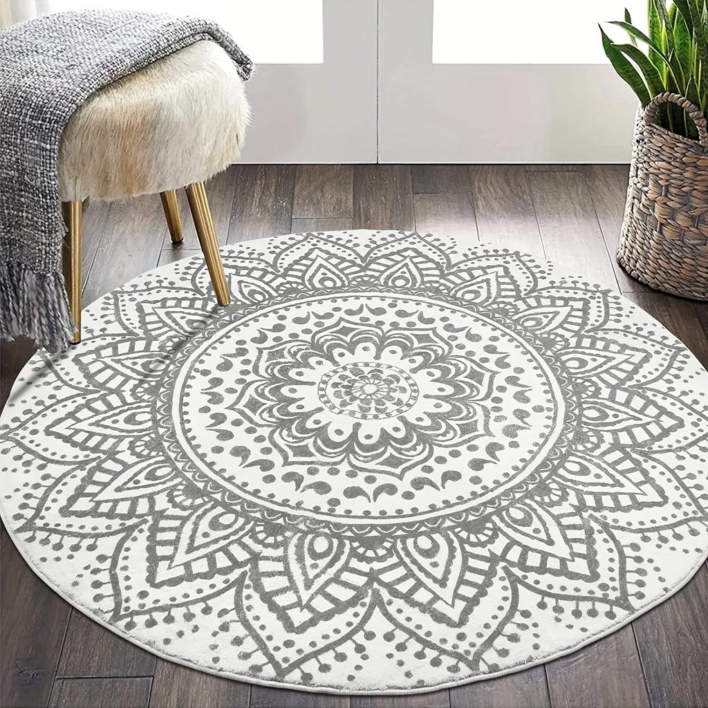 1pc Golden Round Rug and Black Geometric Pattern Carpet Coffee Table Mat Bar Area for Bedroom Living Room Dining Home Decorativ