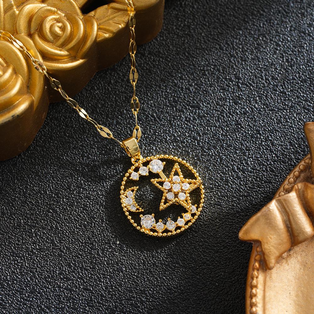 Douyin Influencer Zircon Star & Moon Necklace – Japanese Korean Style, Fashionable Design in Titanium Steel