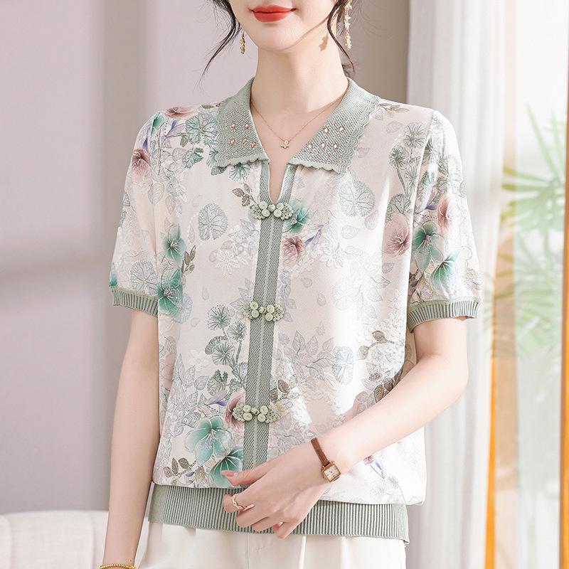 

Вязаный топ с принтом на лацканах, с коротким рукавом, для женщин среднего и пожилого возраста - Коллекция Весна/Лето 2026 3XL (135-155 jin) зелёный