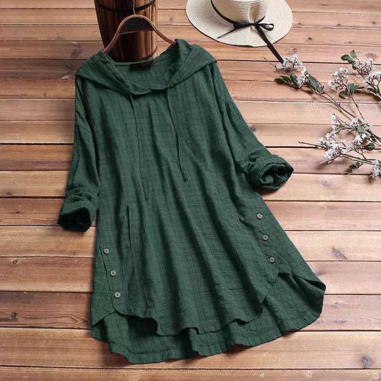 Women Top Loose Checked Long Sleeves Pullover Drawstring Dress Up Hooded A-line Plus Size Fall Shirt Female Clothes