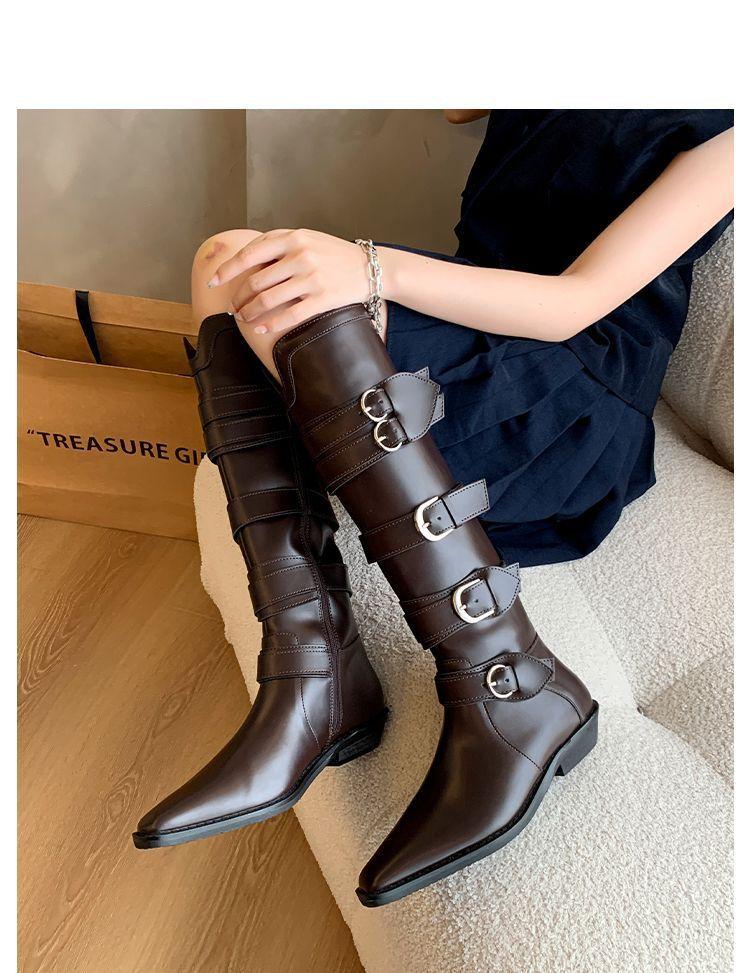 Women's Long Boots Pointed Thick Low Heel Belt Buckle Platform Boots  Shoes for Women