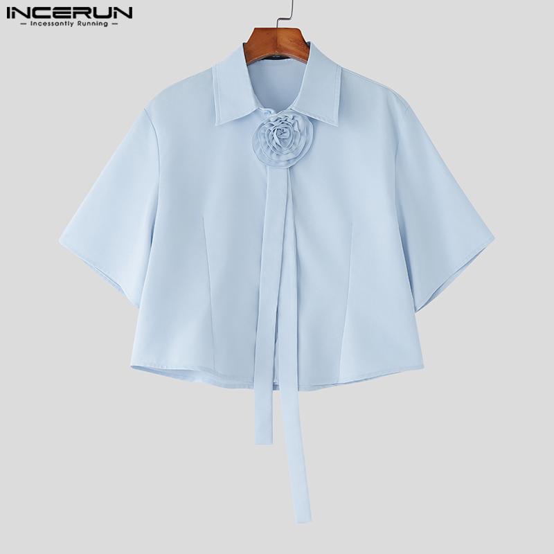 INCERUN Men Cropped Shirts Casual Loose Flower Tie Neck Short Tops