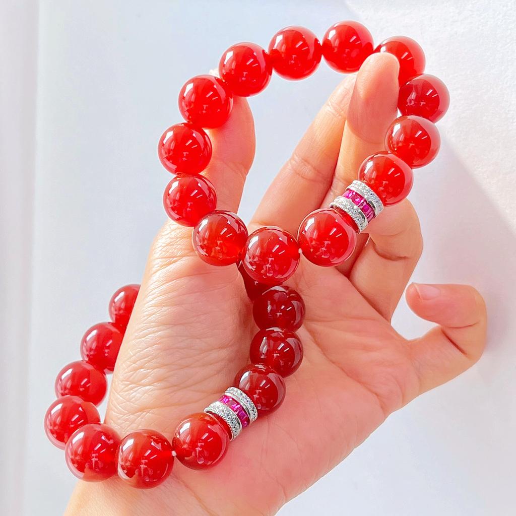 14Mm Large Particle High Quality Pigeon Blood Red Vitreous Natural Chalcedony Agate Bracelet Bracelet