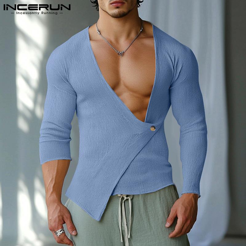 INCERUN Men Deep V Neck Fitted Texture Long Sleeve Irregular Tops Undershirts