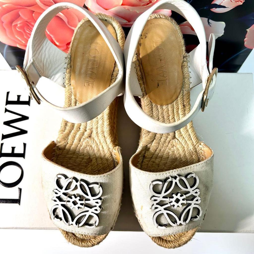 Used [23.5cm] LOEWE Anagram Wedge Espadrille Sandals White