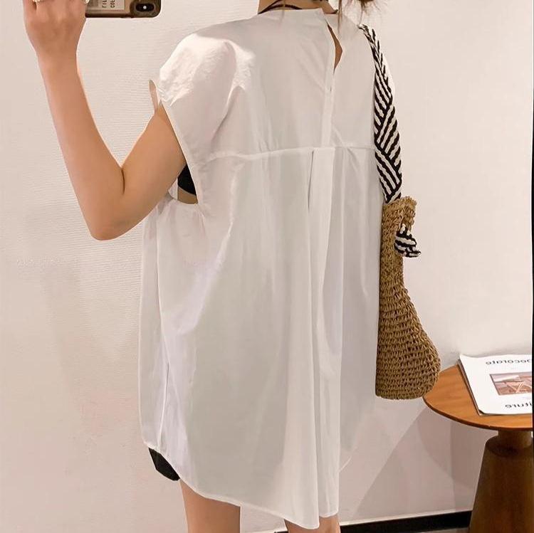 White Design Short-sleeved Irregular Shirt Blouse New Women's 16-year Summer Split-ended Blouse