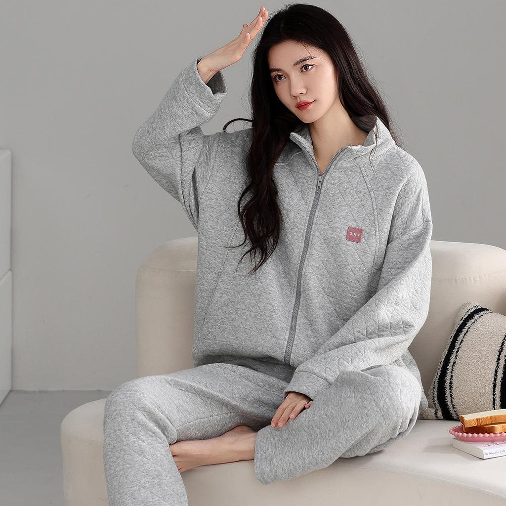 Air Cotton Pajamas Women'S Autumn And Winter Thickened Pure Cotton Long-Sleeved Interlayer Can Be Worn Outside Loungewear Thin Padded Zipper Set