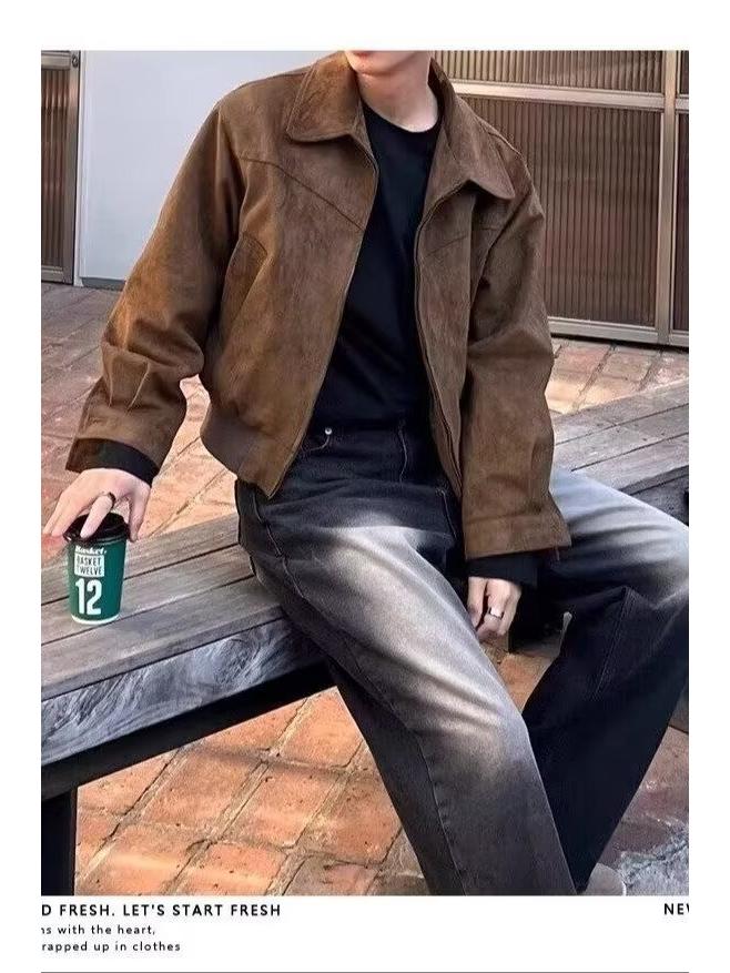 Korean Men's Suede Lapel Zipper Jacket - Autumn/Winter Hong Kong Style Trend