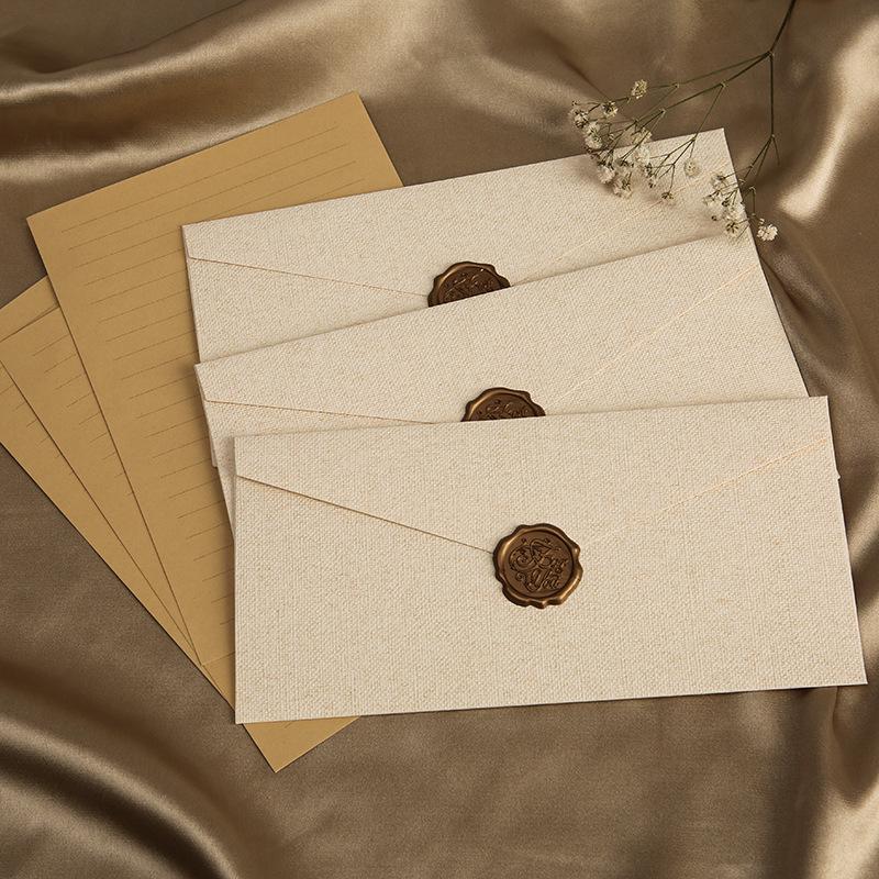 Linen Envelope Letter Paper Set No. 5: Western Retro Love Letter & Wedding Invitation Stationery with Handwritten Sealing Wax.
