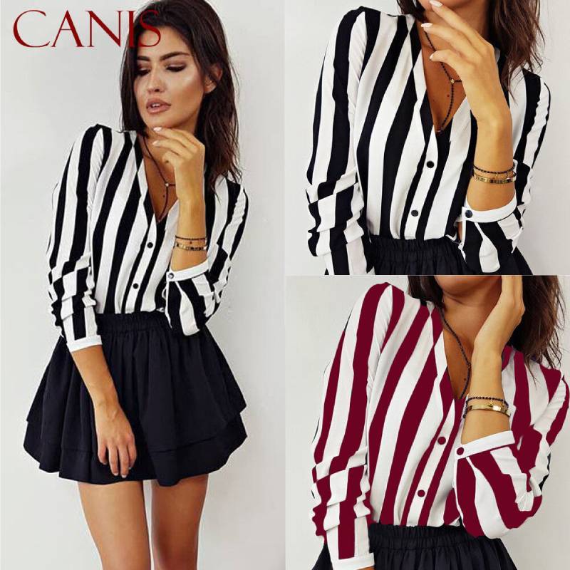 Elegante T-shirt da donna a maniche lunghe con scollo a V larga per uso casual e in ufficio