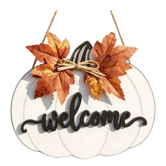 3D Embossed Welcome Text Wooden Pumpkin Sign for Front Door, Rustic Fall Harvest Hanging Pendant with Thanksgiving Party Supplies Letters And