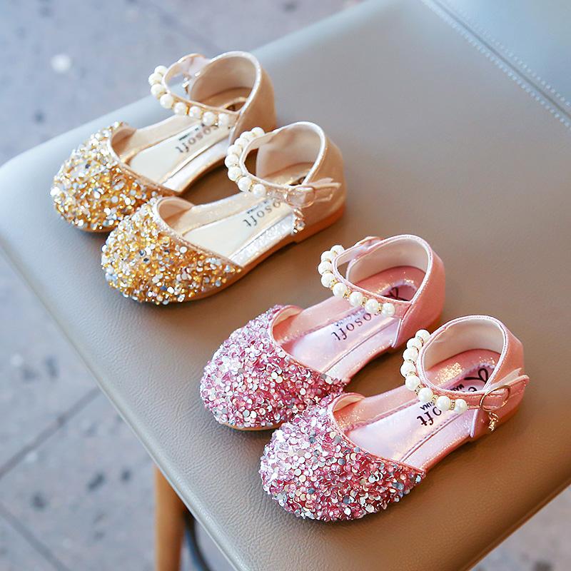 Mädchen Sprincess Schuhe Pailletten Perle Gold Rosa Sommer Kinder Sandalen Cover Toe 21-36 Kleinkind Mode Party Dance Kinder Flats