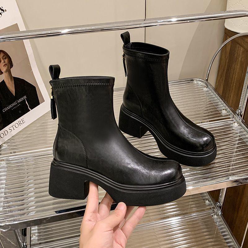 Thick-soled 2025 short boots new retro autumn and winter heightening small elastic thin Martin boots women's spring and autumn