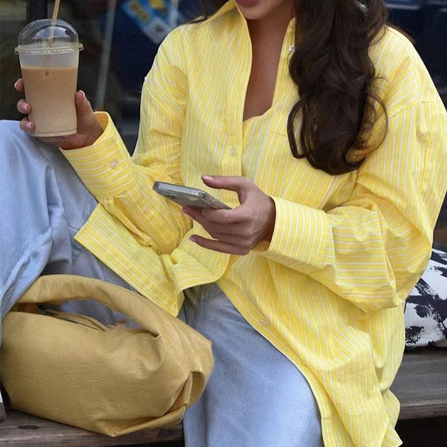 Women Casual Shirt spring Autumn Polo Neck yellow stripe button Long Sleeve Blouse harajuku women's oversized Cardigan Shirts