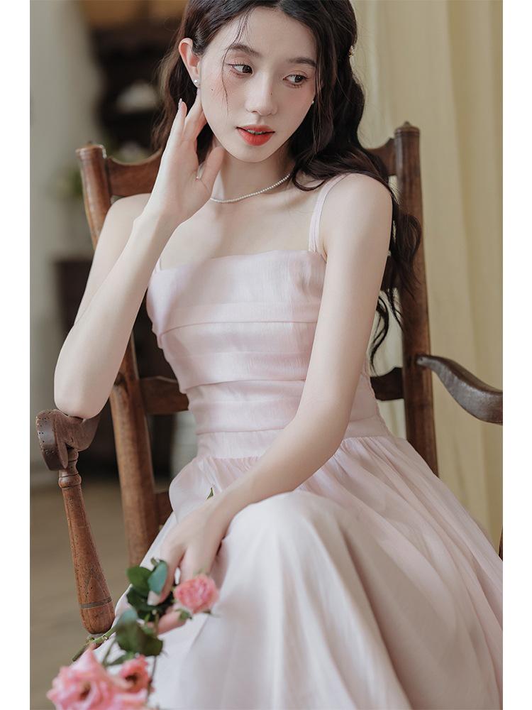 Women's Pink Fairy Mori-Style Sleeveless Long Camisole Dress for Summer Beach Vacation