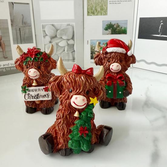 Yousheng 3Pcs Highland Cow Figurines Christmas Decor Resin Calf Animal Statue for Home Garden Office Rustic Farmhouse Tabletop Decoration