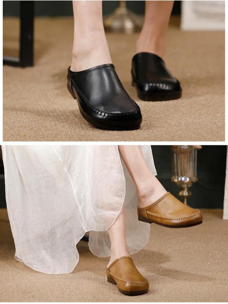 Johnature Retro Soft Soled Women's Slippers Genuine Leather Solid Color Handmade Comfortable Outdoor Slides