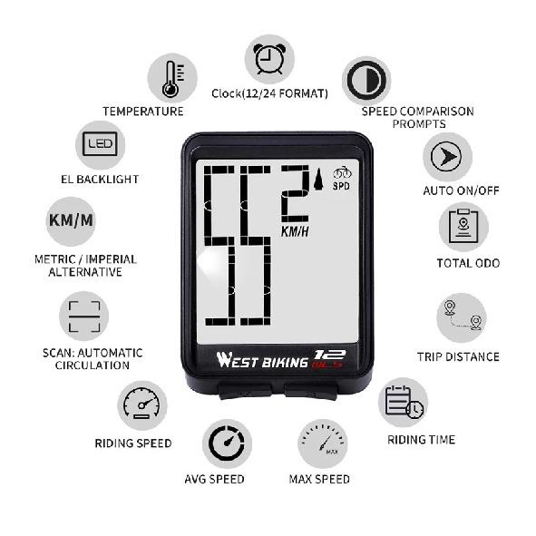 WEST BIKING Wireless Road Bike Computer Large Screen Bicycle Speedometer White Backlight Waterproof Odometer Cycling Stopwatch