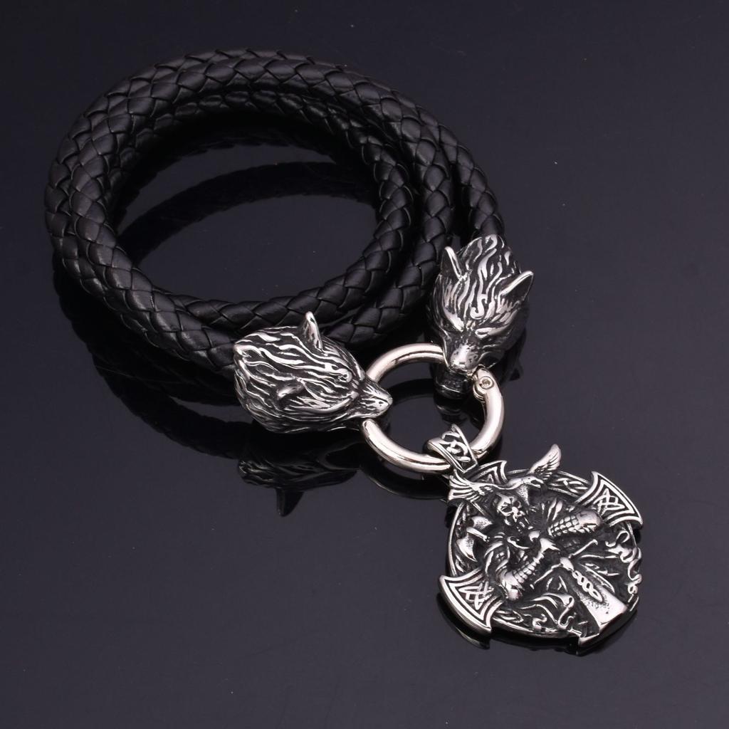 Explosive Men 'S Stainless Steel Viking Wolf Head Cross Warrior Odin Pendant Necklace Jewelry 