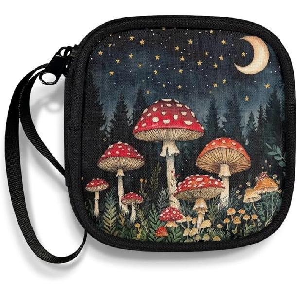 Mushrooms and Moon Carrying Earphone Case Pouch Storage Bag Holder-Earbud Case Headphones Storage Bag Pouch for Headphone, Bluetooth
