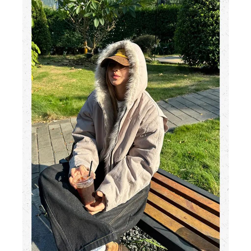 2KWEIRD American Retro Fur Collar Hooded Jacket Women Y2K Streetwear Winter New Velvet Thickened Warm Harajuku Loose Casual Jacket