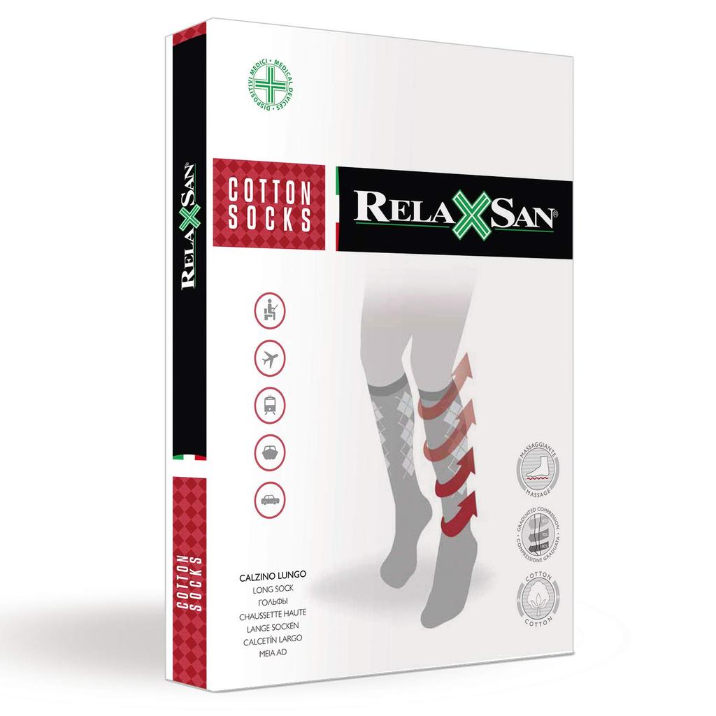 Relaxsan 820B Cotton Support Compression Knee with Patterned Cushion Size 4 Socks, 18-22 mmHg, Sole, Blue,