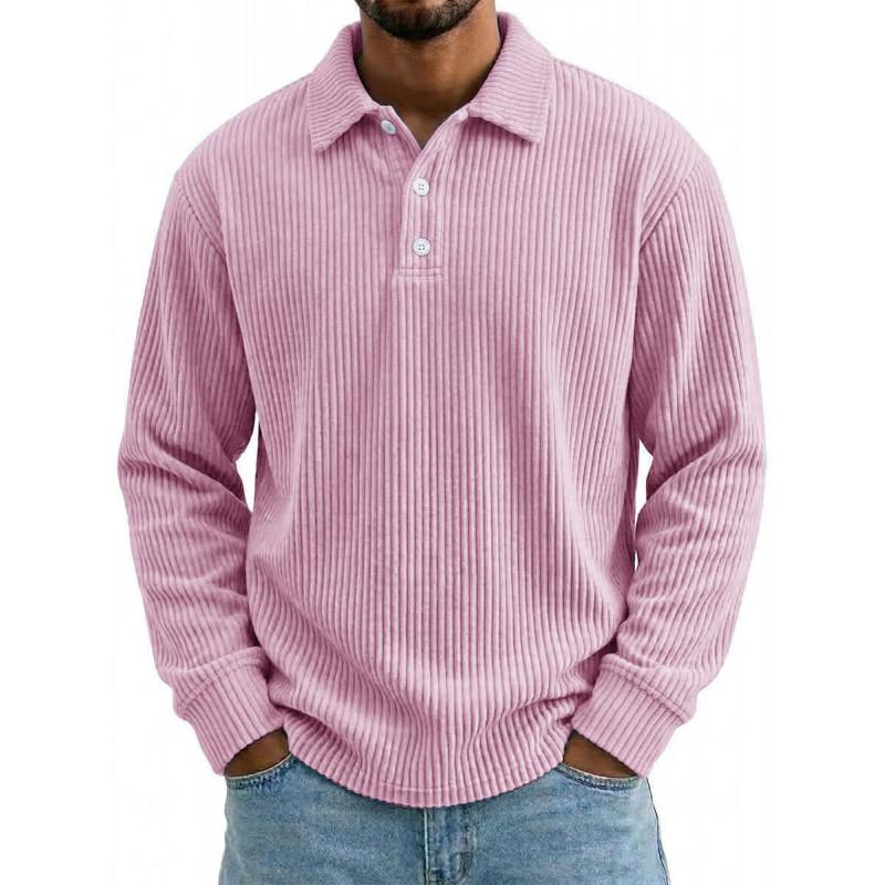 Mens Solid Corduroy Relaxed Fit Long Sleeve Polo Shirt Casual Wear