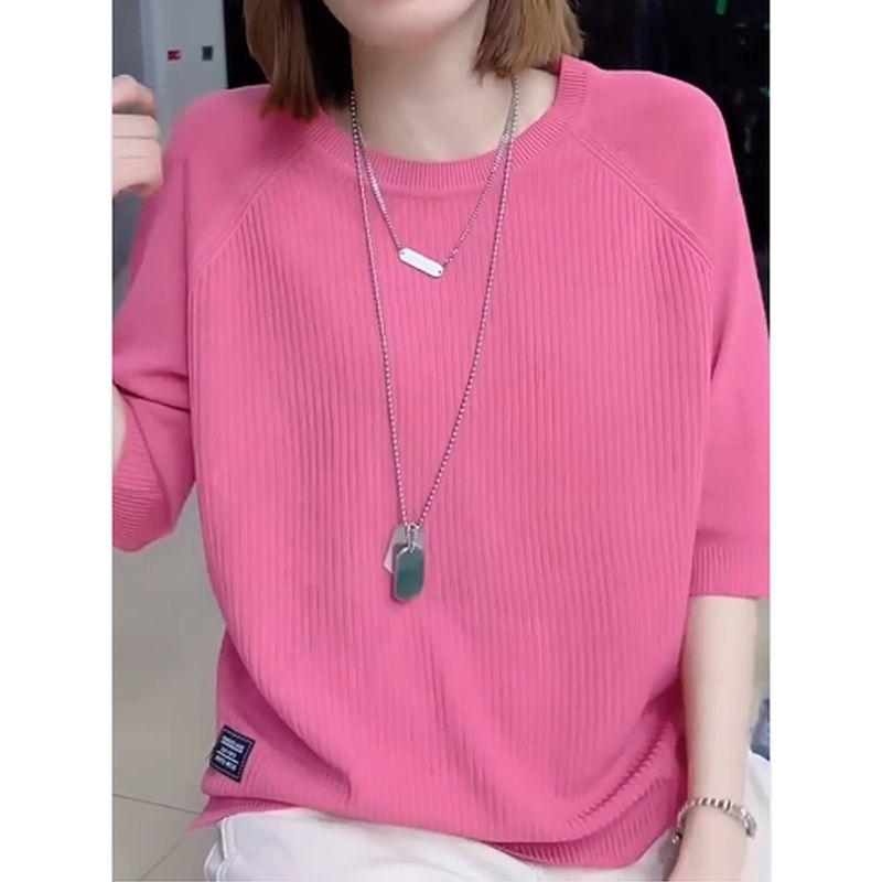 

Summer Qu Zhu Ice Silk 3/4 Sleeve Knit Women Loose Beautiful Temperament Half Sleeve Thin Shirt Short sleeve T-shirt Top Pink All yards