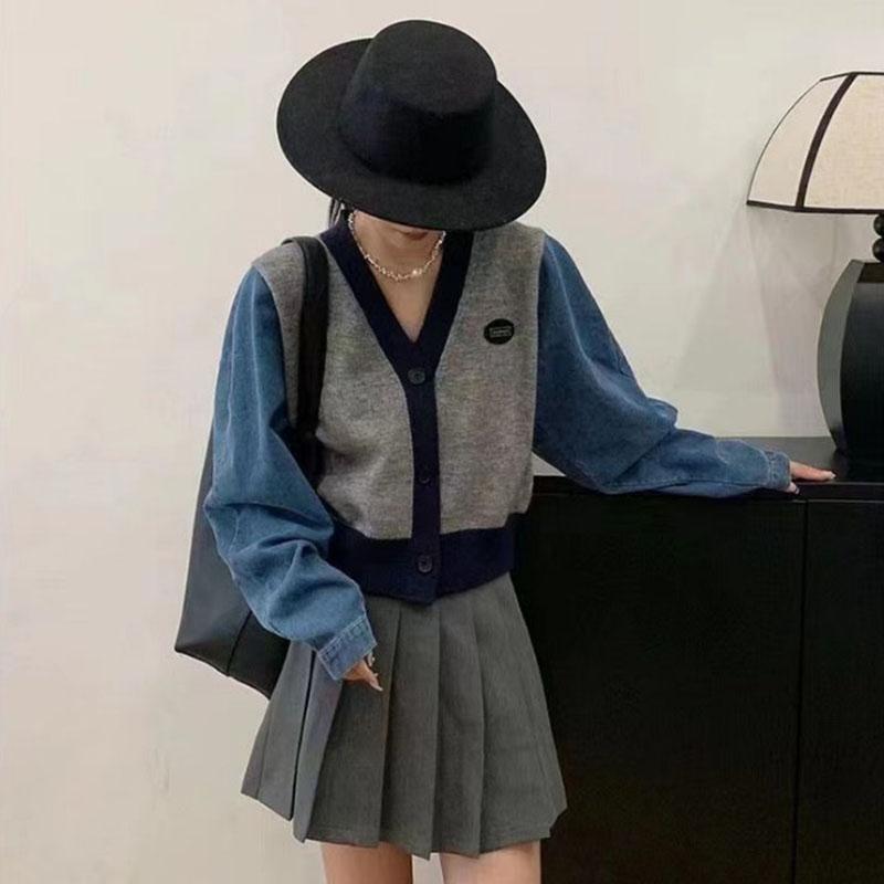 Cardigan Sweater Female New Fashion Loose Casual Top Temperament V-neck Button Panel Denim Sleeve Commuter Knit Sweater Female