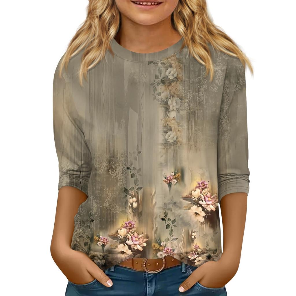 Children's 3/4 Sleeve Tops Casual  Print T Shirt Round Neck Pullover Blouse