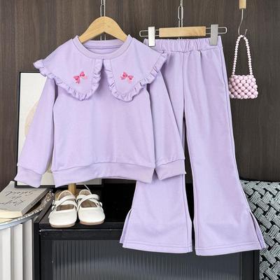 Girls' Autumn 2025 Bow Print Sweatshirt & Pants Set - Long Sleeve, Turn-Down Collar