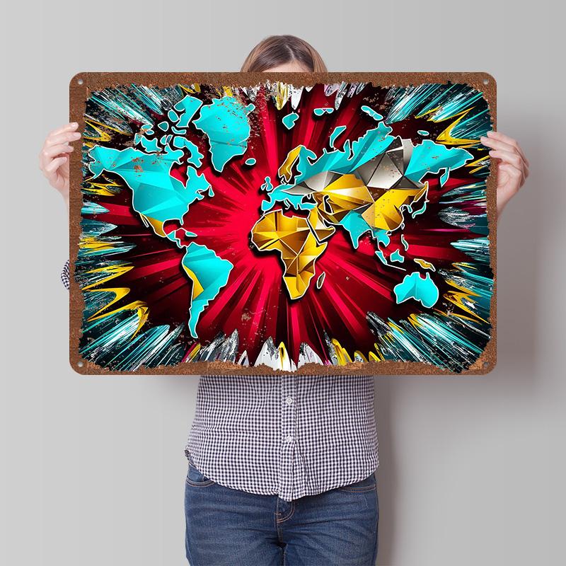 World Map Abstract Art Poster Customized Wall Art Vintage Metal Signs Retro Tin Plaque for Man Cave Room Decorations Coffee Bar 20X30CM