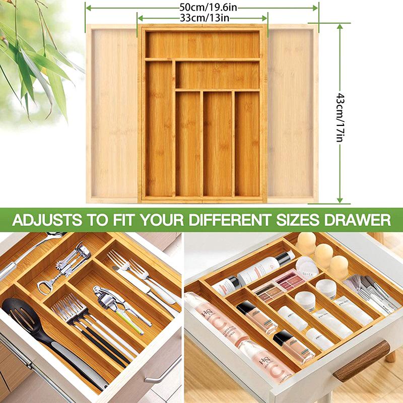 1Pc Adjustable Expandable Bamboo Drawer Organizer, Kitchen Drawer Divider Tray for Cutlery, Silverware and Knives