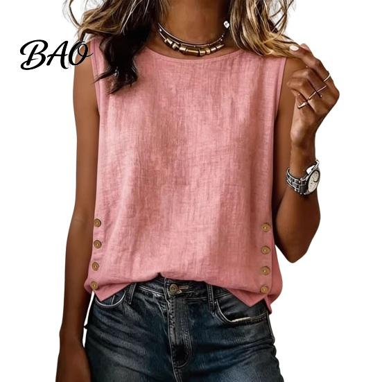 Soft Blouse Summer Tops for Women, Round Neck Sleeveless Pullover Tops, Pure Color Stretchy Breathable Regular Fit Vest Work Party Vacation