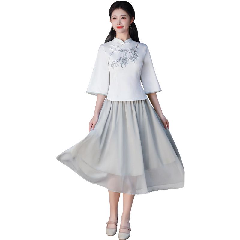 Wiosna/Lato 2025 Retro Chiński Styl Haftowana Bawełna Len Garnitur Tang Qipao Top