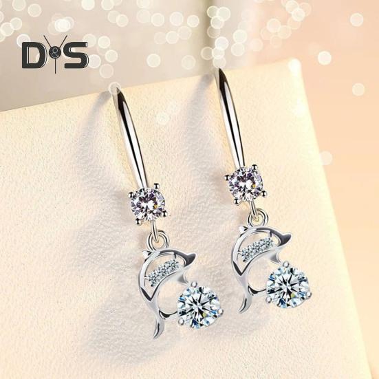 1 Pair Korean Style Hook Earrings Dolphin Design Shiny Rhinestones Drop Earrings Women Mid-length Earrings