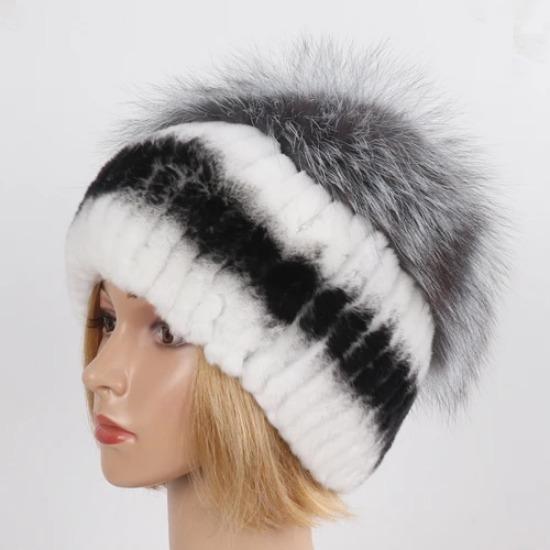 Hot Sale Women Winter Real Rex Rabbit Fur Hat Scarf Sets Natural Warm Genuine Silver Fox Fur Rex Rabbit Fur Cap Scarves 2 Pieces