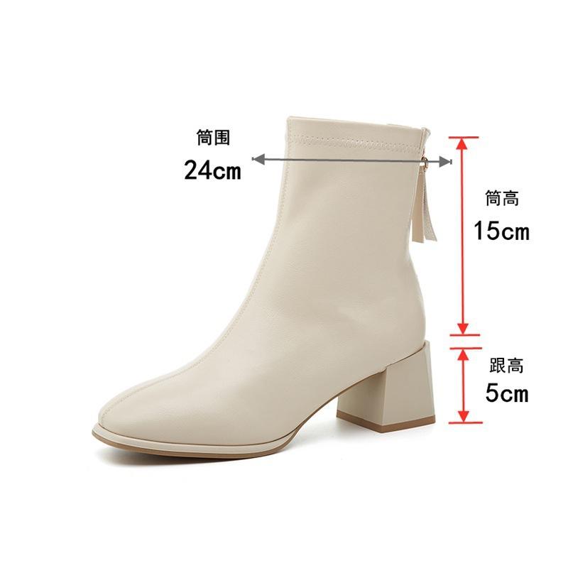Full cowhide thin boots square head bare boots rear zipper autumn and winter velvet French thick high-heeled short boots women's single boots