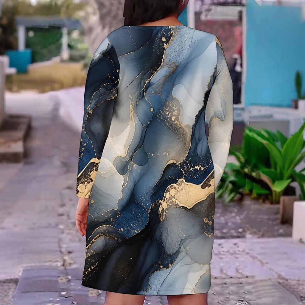 Women Plus Size Marble Print V Neck Long Sleeve Fitted Straight Dress