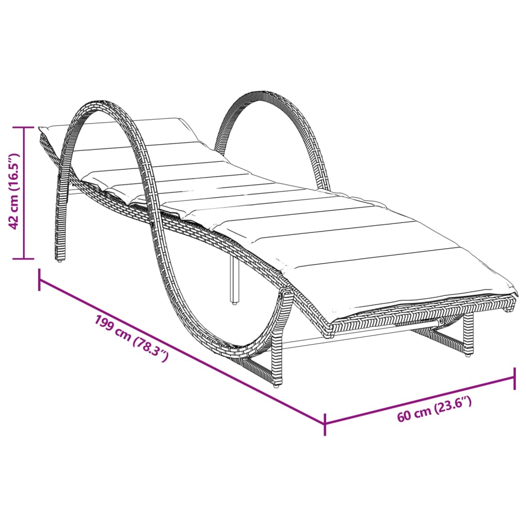 Grey Sun Lounger with Cushion 60x199x42 Cm Poly Rattan