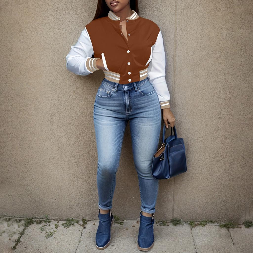 Damenmode, kurze, schlanke, einfarbige Spleißjacke, einreihig, Baseball-Kleidung, Sportmantel, Jacke, Sweatshirt