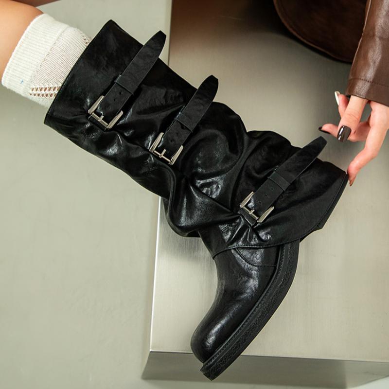 

2025 новые высокие сапоги-ботфорты на толстой подошве, женские сапоги-брюки с плиссировкой Maillard, коричневые сапоги с пряжкой 40