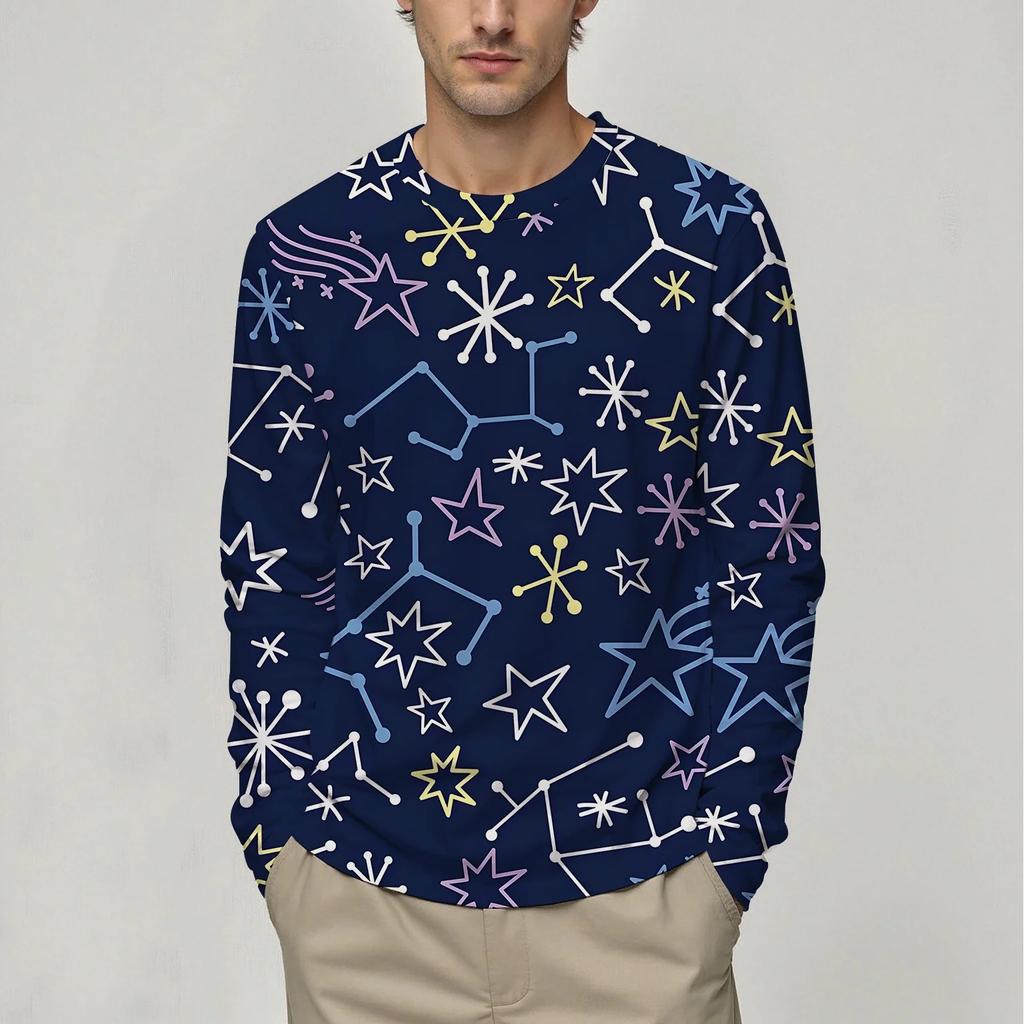 3D 5-Pointed Star Pattern Printed Top Casual Long Sleeved Men's T-shirts - Soft Medium Stretch Polyester Fabric Spring and Autumn Relaxed Fit Clothing
