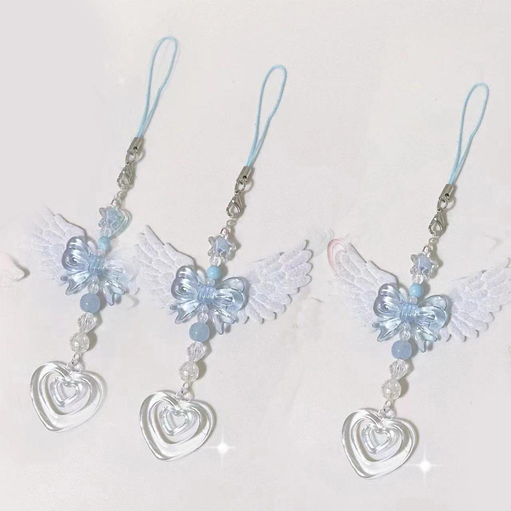 Fashionable Handmade Blue Angel Wing Heart Phone Charm Delicate Heart Pendant Chain Anti-Lost Chain Hangings Jewelry