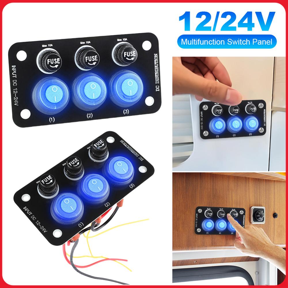 12V-24V LED Marine Boat Rocker Switch Panel 3 Buttons ON Off Toggle Switch Panel for Boat Truck Trailer Camper Caravan RV