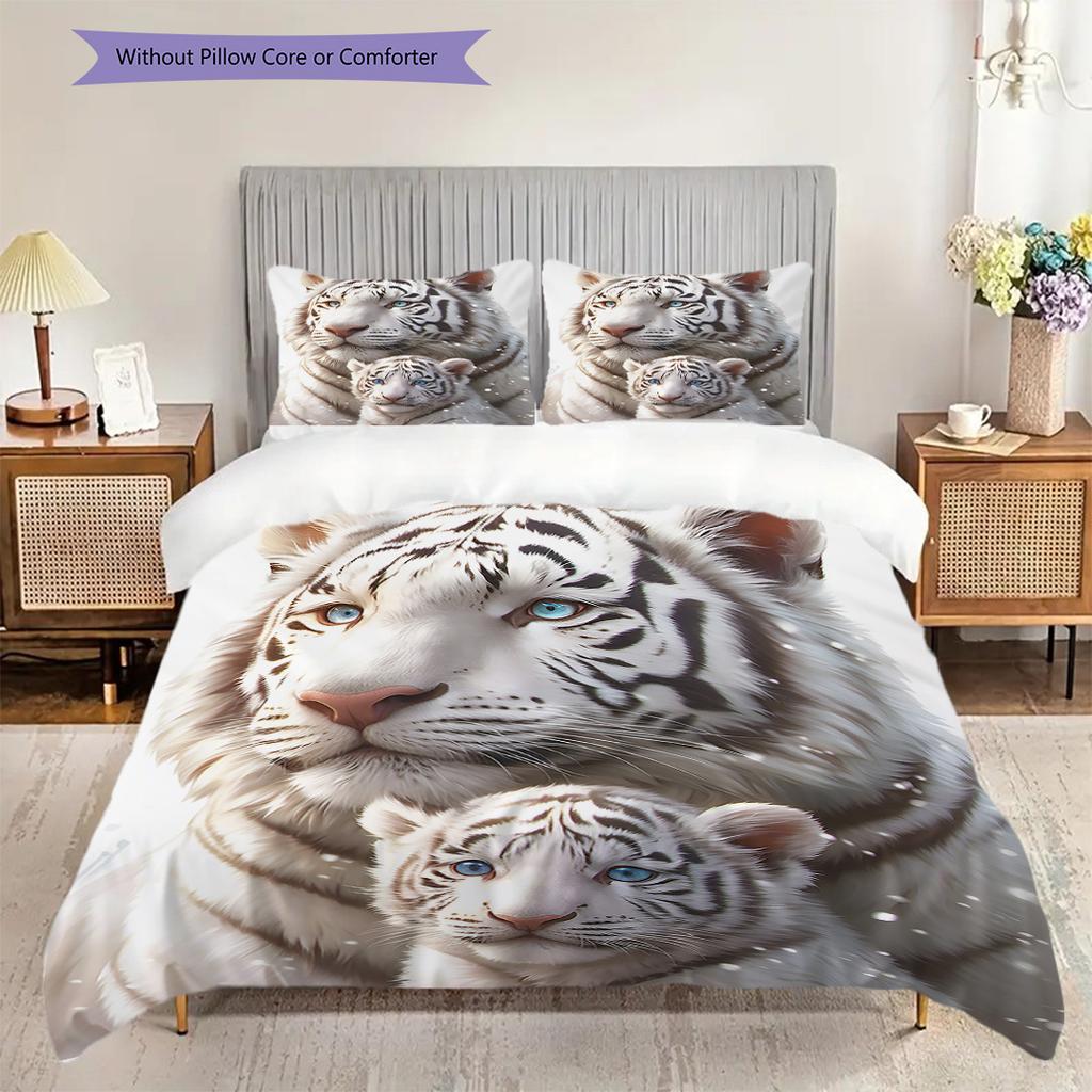 White Tiger Pattern Bedding Quilt Set Quilt Cover Pillowcase Home Decoration Birthday Gift (1 * Duvet Cover + 2 * Pillowcase, Without Core)