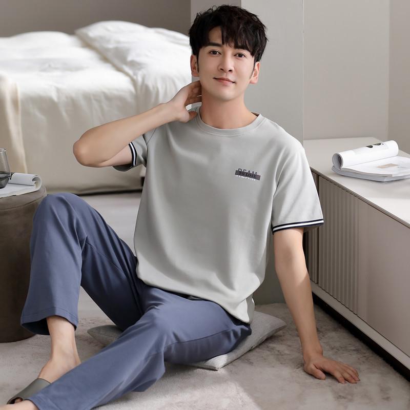 Blue Color Men's Cotton Pajamas Set for Summer Short Sleeves Sleeping Top Long Pant Nightwear Young Boy Home Clothes